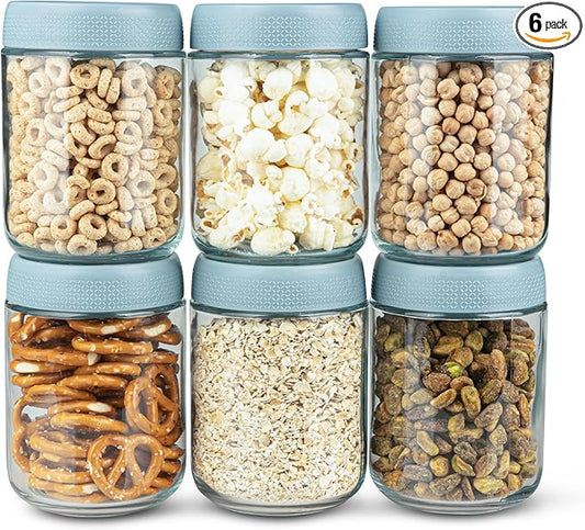 C&O ESSENTIALS 16 oz Glass Mason Jars with Airtight Lids - Wide Mouth Canning Jars for Food Storage, Meal Prep, Overnight Oats, Preserving, Pickling (6-Pack) (Blue)