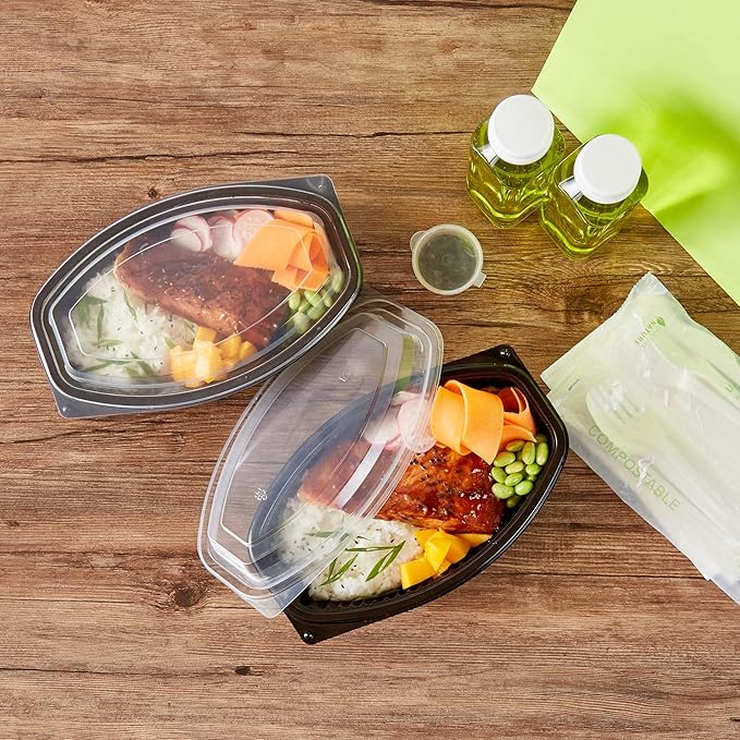 Restaurantware RW Base 32 Ounce Meal Prep Containers, 100 Microwavable To Go Containers With Lids - Disposable, Freezable, Black Plastic Oval Food Containers, Pack Hot And Cold Food, For Takeaway