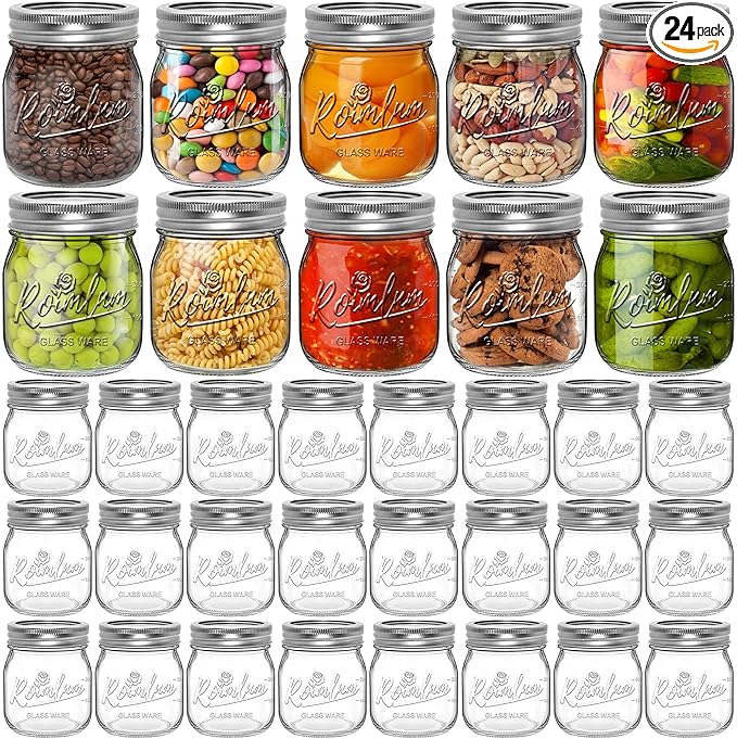 24 Pack 8 oz Mason Jars with Airtight Lids and Bands, Mini Glass Canning Jar for Food Storage Pickling, Regular Half Pint Jar for Kitchen Spice, Jam, Jelly, Overnight Oats, Baby Foods