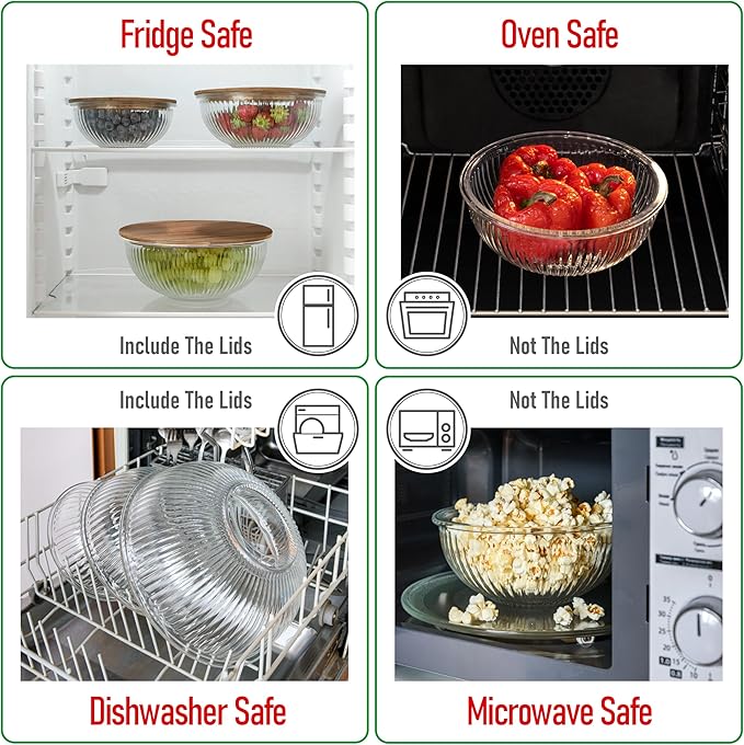 Set of 3 Stackable Space-Saving Nesting Glass Salad Bowls with Acacia Lids for Foodprep, Storage, Baking, Mixing & Cooking - Microwave Safe Durable Inert Borosilicate Glass