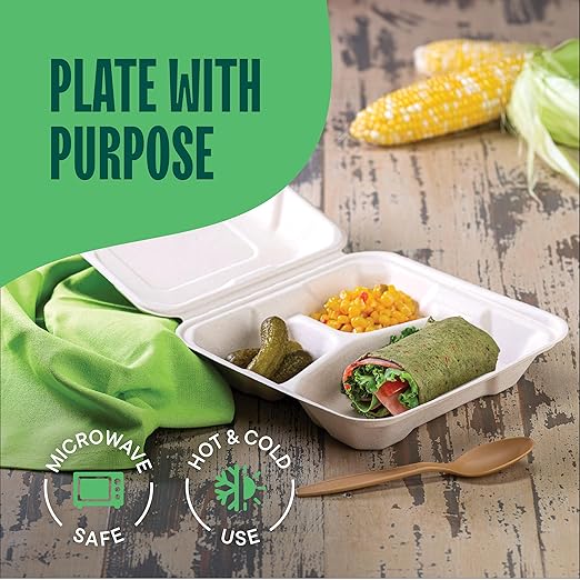 [Bulk - 200-Count] 100% Compostable to Go Containers 8x8" 3-Compartment Clamshell Take Out Food Container with Hinged Lid - Disposable Togo Plates - Eco-Friendly Takeout Box Made of Sugar Cane Bagasse