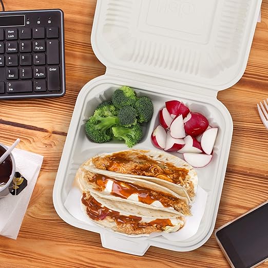 Eco Friendly 3 Compartment 100 Count 8"x8" To Go Food Containers - To Go Containers Disposable, Take Out Food Containers, To Go Boxes for Food, Clamshell Food Container, Heavy Duty To Go Box
