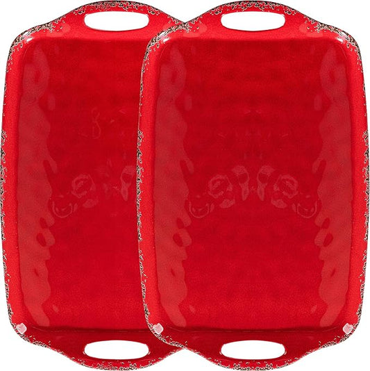 Christmas Large Melamine Serving Tray with Handle, Crackled Rustic Rectangle Melamine Serving Platter for Serving Food, Coffee Table Tray, Entertaining & Party Use, Set of 2, Christmas Red