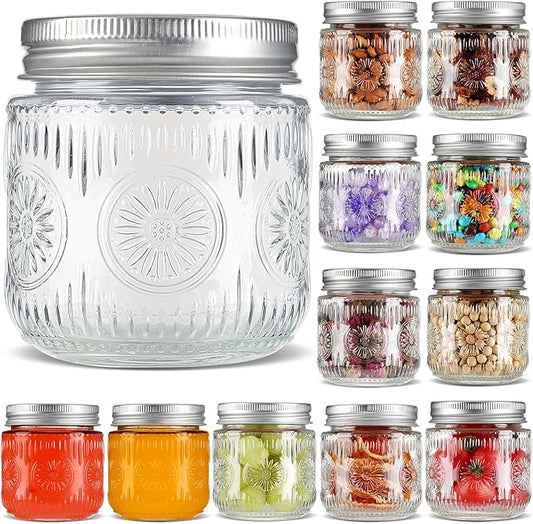 Mason Jars 8 oz - Small Glass Mason Jars with Silver Metal Lids, Regular Mouth Canning Jars, Safe For Storage, Canning, Pickling, Preserving, Fermenting, DIY Crafts & Decor (12Pack)
