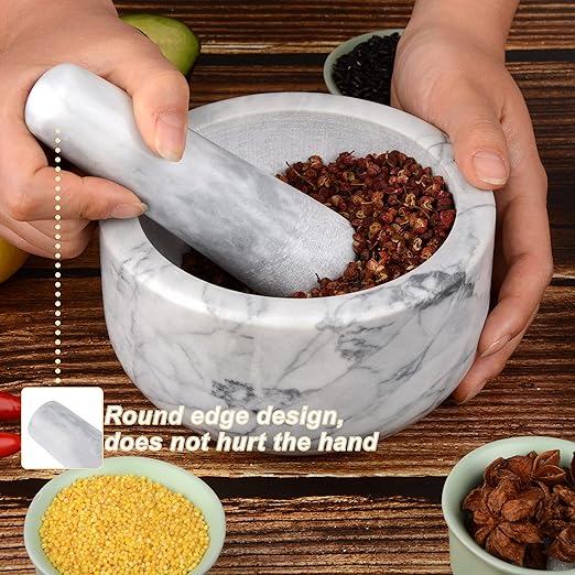 Mortar and Pestle Set Polished Natural Marble Stone Guacamole Molcajete Bowl with Base Silicone Pad,Matching Stainless Spoon and Matching Small Brush (Large, White Gray)