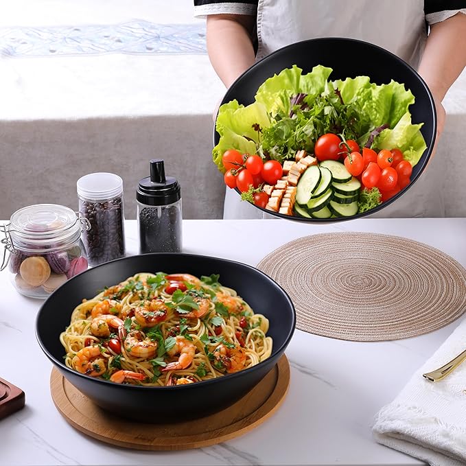 Melamine Large Salad Bowls, 12'' Unbreakable Serving Bowls for Salads, Fruits, Pasta Entertaining, Dinner Parties, Dishwasher Safe bowls, BPA-free, Set of 2, Matte black