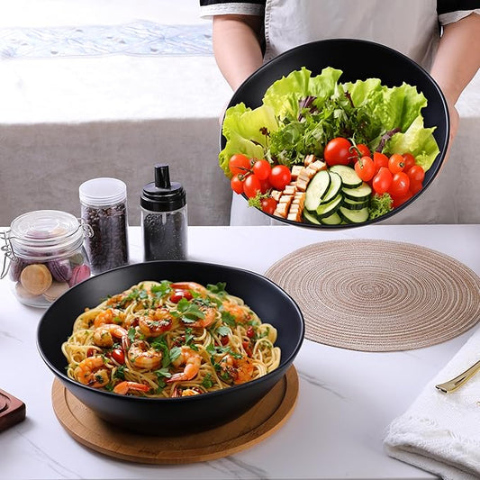 Melamine Large Salad Bowls, 12'' Unbreakable Serving Bowls for Salads, Fruits, Pasta Entertaining, Dinner Parties, Dishwasher Safe bowls, BPA-free, Set of 2, Matte black