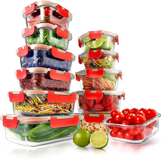 NutriChef 24-Piece Glass Food Storage Containers with Lids - 12 Stackable Heavy Duty Meal Prep Containers w/ 12 Airtight Lids - Microwave, Freezer, & Dishwasher Safe for Food, Snacks, & Fruit-(Red)