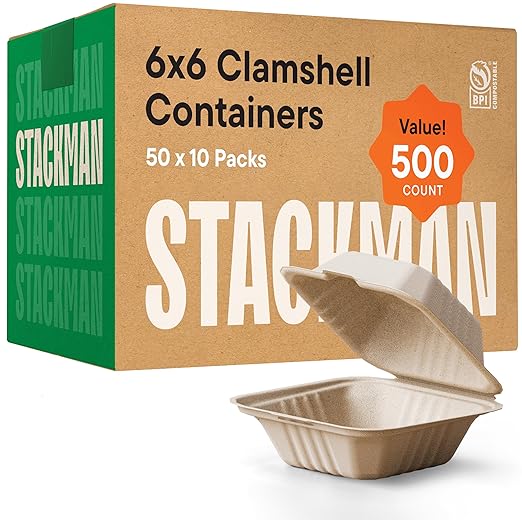 [Case - 500-Pack] 100% Compostable To Go Containers 6x6" Clamshell Take Out Food Container with Hinged Lid - Disposable Togo Plates - Biodegradable Eco-Friendly Takeout Box Made of Sugar Cane Bagasse