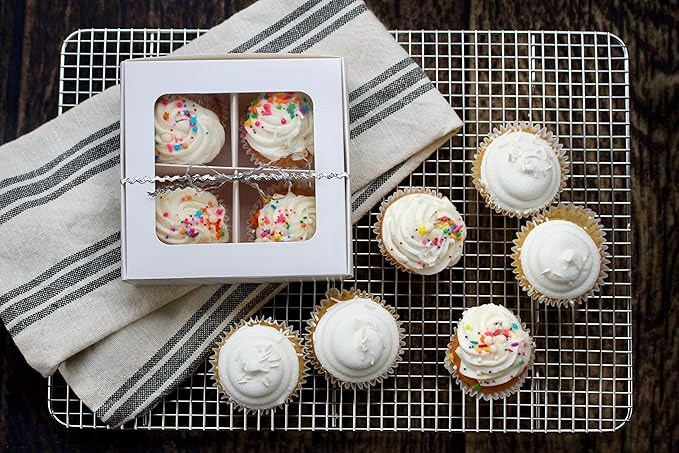 Treat boxes with window and dividers | 4 MEDIUM compartments | 6 x 6 x 2.4 in | Valentine treat boxes, baked goods packaging, box for cookies, pastry packaging | 24-pack (White)