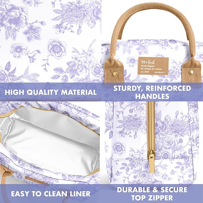 Fit & Fresh Lunch Bag For Women, Insulated Womens Lunch Bag For Work, Leak Resistant & Stain-Resistant Large Lunch Box For Women With Containers, Zipper Closure Bloomington Bag, Lavender Toile