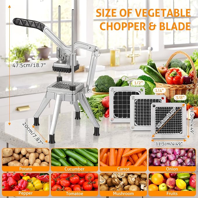 WICHEMI Commercial Vegetable Chopper Dicer Commercial Onion Chopper Dicer w/3 Replacement Blades Vegetable Fruit Chopper French Fry Cutter Heavy Duty Food Dicer Chopper for Potatoes Peppers Mushrooms