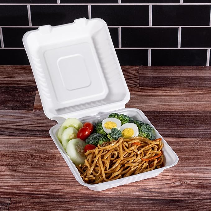 8 x 8 50 Pack White Clamshell Take Out Containers, 100% Biodegradable Compostable Bagasse, Disposable To Go Food Containers with Lids in Bulk