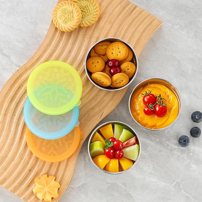 Stainless Steel Snack Containers for Kids Salad Dressing Container To Go Small Snack Box with Silicone Lids Easy Open LeakProof Reusable Metal Toddler Lunch Box for School