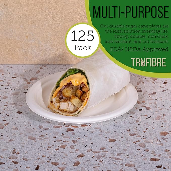 7" Paper Plates, Compostable Bagasse Food Container, Disposable, Microwave Safe for Lunch, Dinner, Party, Supplies, Events, Bulk, 125 Pack