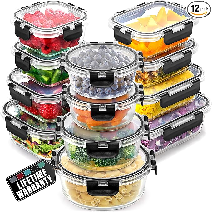 Zulay Kitchen 12 Pack Glass Meal Prep Containers with Lids - Airtight, Premium Borosilicate Glass Food Storage Containers - Microwave, Freezer & Oven Safe, BPA Free - Black