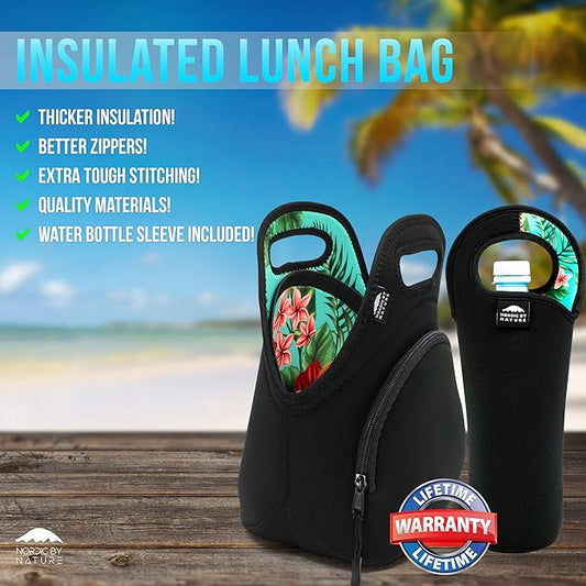 Nordic By Nature Neoprene Lunch Bags For Women, Men & Kids, Green Flower, 12"L x 12"H x 6.5"W