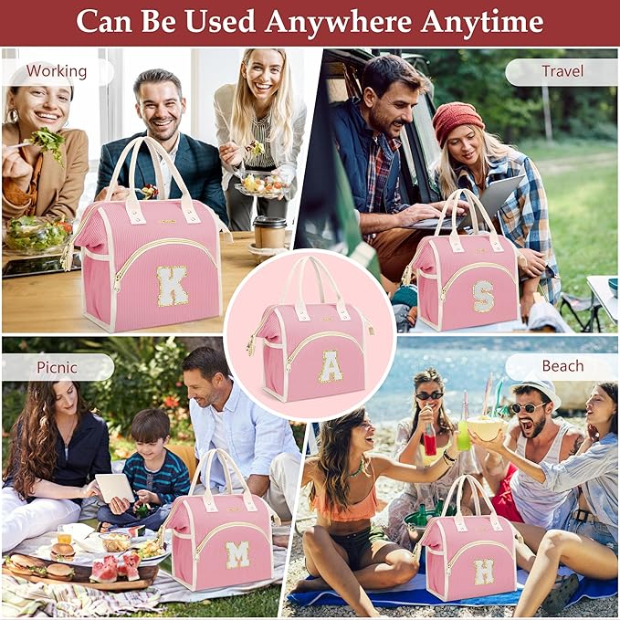 Personalized Initials Lunch Box for Women& Men, Preppy Reusable 10 L Insulated Lunch Bag, Leakproof Large Udults lunch tote Cooler Bags Insulated for Beach,Travel,Work, Picnic-Birthday Gifts（Pink U）