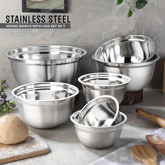 AVADOR Premium Stainless Steel Mixing Bowls, Set of 7 Brushed Stainless Steel Mixing Bowl Set, Easy To Clean, Space Saving, Great for Cooking, Baking, Prepping (7 pc mixing Bowl With Lids)