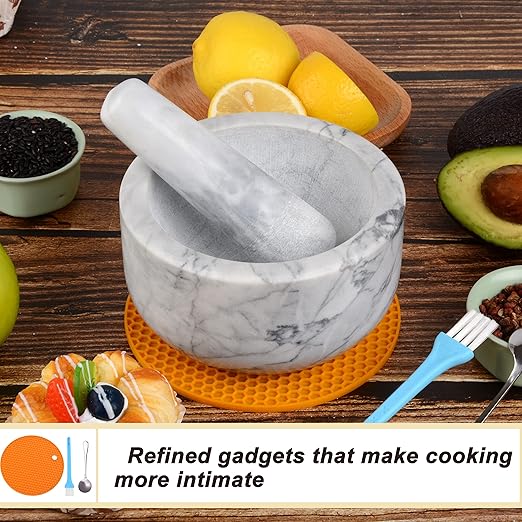 Mortar and Pestle Set Polished Natural Marble Stone Guacamole Molcajete Bowl with Base Silicone Pad,Matching Stainless Spoon and Matching Small Brush (Large, White Gray)