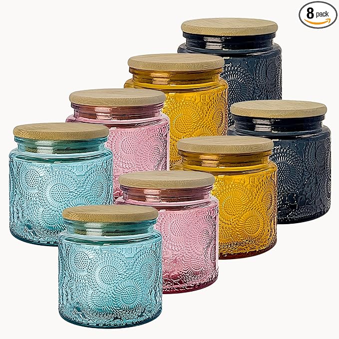 12 oz Decorative Glass Storage Jars with Airtight Bamboo Lids - 8 Pack 4 Colors - Sunflower Embossed Spice, Candle & Home Organizer Set