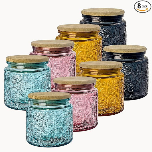 12 oz Decorative Glass Storage Jars with Airtight Bamboo Lids - 8 Pack 4 Colors - Sunflower Embossed Spice, Candle & Home Organizer Set