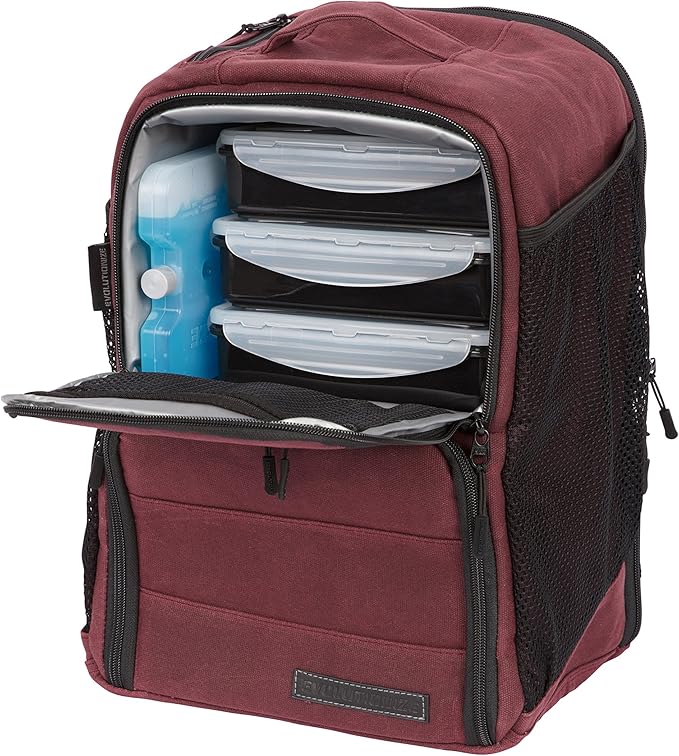 EDC Meal Prep Bag - Full Meal Prep Lunch Box Management System includes Portion Control Meal Prep Containers + Ice Pack (3 Meal Insulated Cooler Bag, Black) (6 meal (Backpack), Maroon (Waxed Canvas))