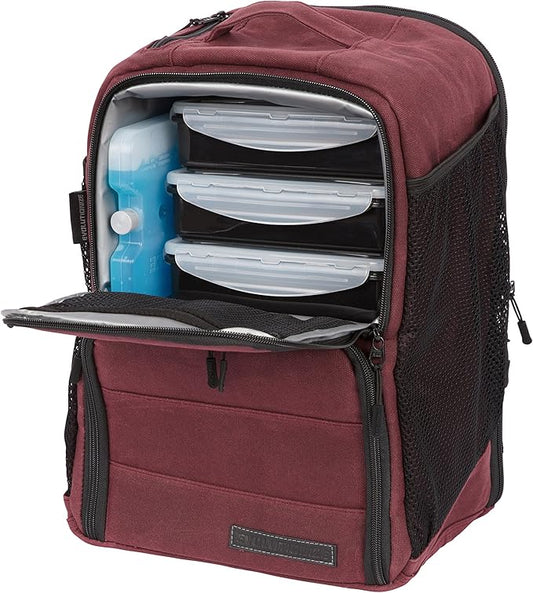 EDC Meal Prep Bag - Full Meal Prep Lunch Box Management System includes Portion Control Meal Prep Containers + Ice Pack (3 Meal Insulated Cooler Bag, Black) (6 meal (Backpack), Maroon (Waxed Canvas))