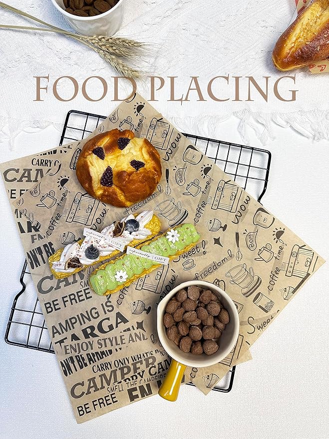 OTOPETE 200Pcs Grease Resistant Food Paper Sheets, 10"x10" Kraft Paper, Coffee Theme Hamburger Sandwich Basket Liner, Tray Liner, for Home Kitchen Baking, Picnic, Party