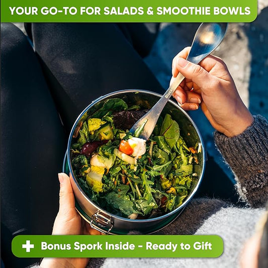 Blockhütte Stainless Steel Salad Container for Lunch 60oz, Leakproof Metal Food Storage Containers with Lids, Stainless Steel Lunch Box for Adults with Spork, Bento Box Metal BPA Free