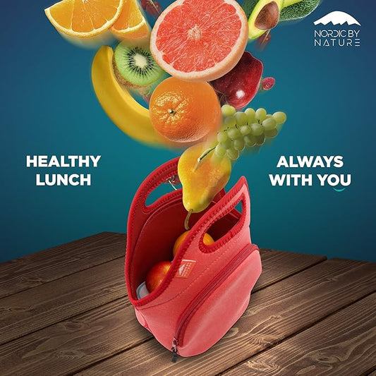 Nordic By Nature 12"x 12"x 6.5" Neoprene Lunch Box With Side Pocket And Soft Cotton Feel, Red