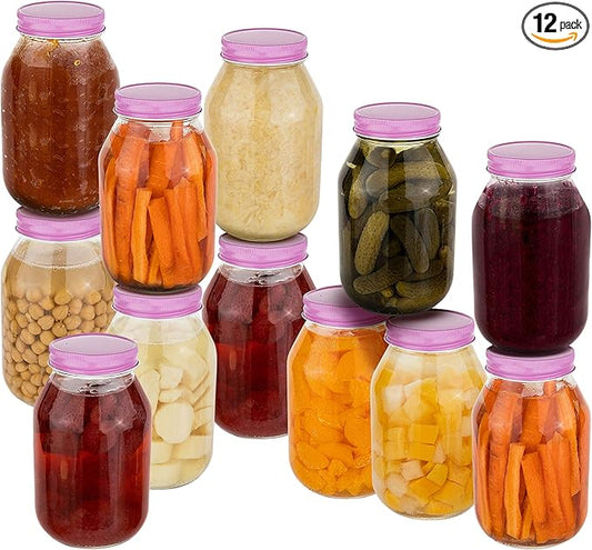 12 Pack of 32oz Regular Mouth Jelly Jam Glass Mason Jars and Metal Airtight Lids for Pickling, Fermenting, Canning and Storing. Containers for Pickles, Kombucha, Preserves, Sauces, Kefir, Fruits