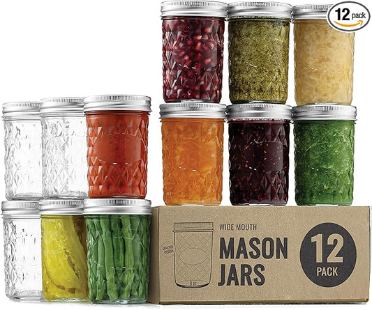 Paksh Novelty Mason Jars - 12-Pack Quilted Glass Jars with Lid & Seal Bands - Airtight Container for Pickling, Canning, Candles