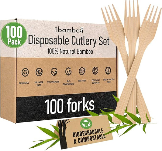 100% Bamboo Forks Set - High End Disposable Cutlery (100 Biodegradable Forks) | Reusable or Disposable Bamboo Utensils | Compostable FSC Certified Flatware for Weddings, Camping, Parties