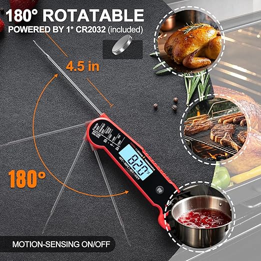 Professional Food & Meat Thermometer, 1 Sec Instant Read & ±0.5℉ Accuracy Driven by Thermocouple Sensor. IP67 Waterproof Digital Thermometer for Cooking, BBQ, Grilling. Gifts for Him Dad. Red