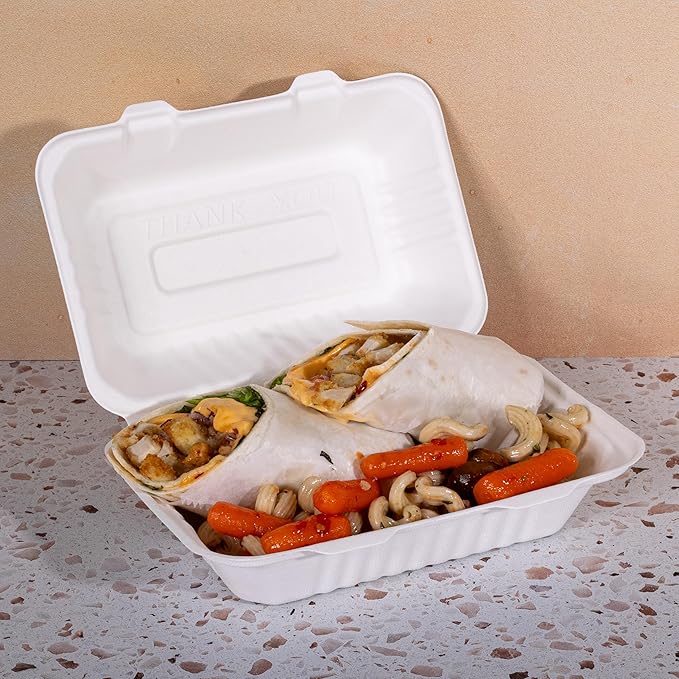White Disposable To Go Containers with Lids, Clamshell Take Out Boxes, Bento Cakes, Desserts, Sandwiches, Party Favors, Events, 9x6 50 Pack