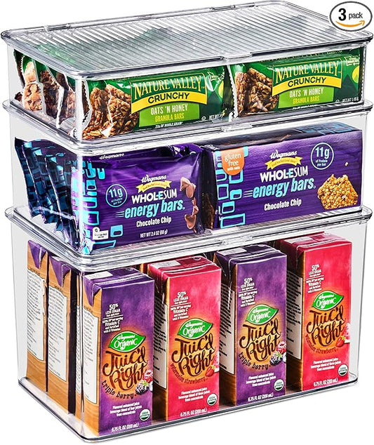 Sorbus 3 Pack Clear Plastic Storage Bins with Lids - Stackable Refrigerator Organizer - Pantry Organizer - Fridge Organization - Cabinet Organizers Containers Storage box for Kitchen (Sizes: L,M,S)