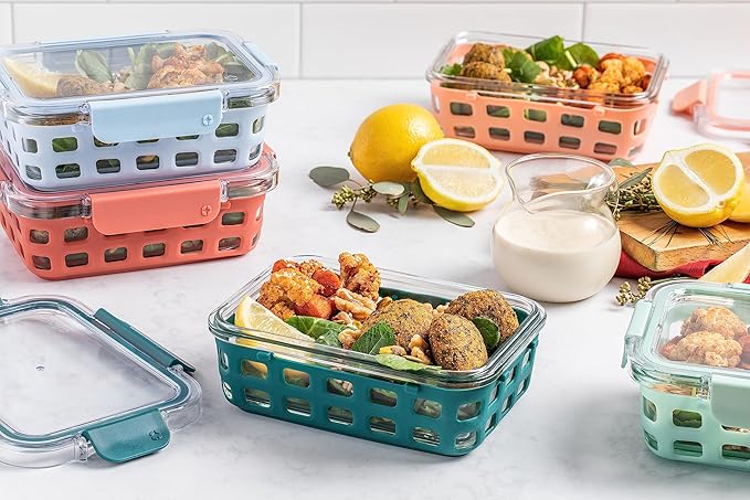 Ello Duraglass 3.4 Cup Meal Prep Sets 10Pc, 5 Pack Set- Glass Food Storage Container with Silicone Sleeve and Airtight BPA-Free Plastic Lids, Dishwasher, Microwave, and Freezer Safe, Melon