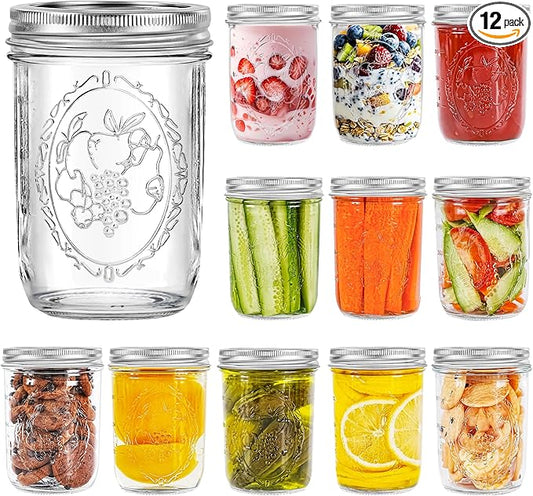 Mason Jars 16 oz with Lids, 12Pcs Wide Mouth Glass Canning Jars with Airtight Lids and Bands, Overnight Oats Containers for Pickling, Freezing, Preserving, Meal Prep, Jar Décor