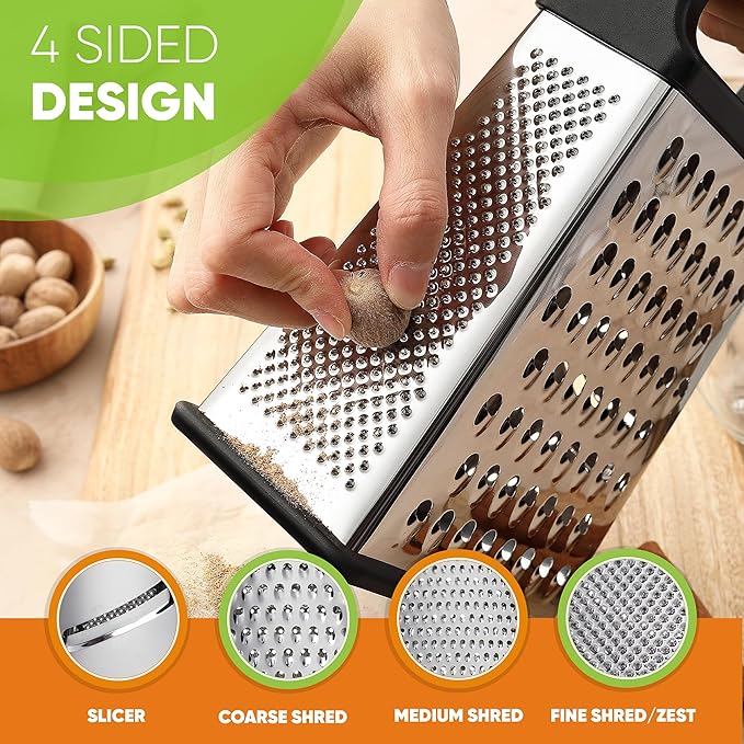 Spring Chef Professional Box Grater, XL Size, Black & Stainless Steel Round Measuring Cups, Set of 7-2 Product Bundle
