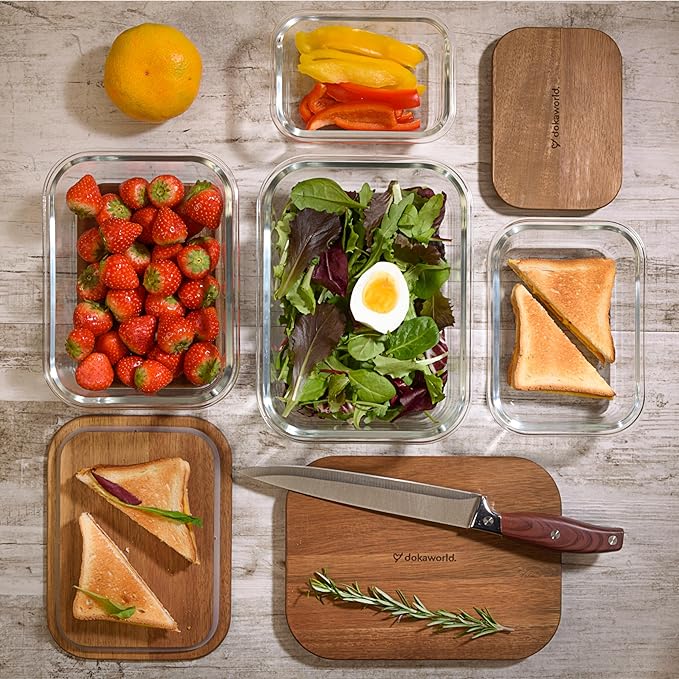 Glass Food Storage Containers With Acacia Lids – Glass Meal Prep Containers – Set of 4 Airtight Stackable Food Storage Kitchen Containers – Eco-Friendly Oven Safe Nesting Lunch Containers