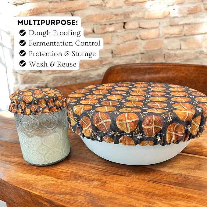 (4-Pack) Sourdough Reuseable Jar & Bowl Covers | Cute Baking Gift | 100% Cotton (3.7in, 7in, 9.25in, 11in) | Washable | Bread Making and Proofing | Kitchen Food Storage Gifting | Starter Cover Lid Kit