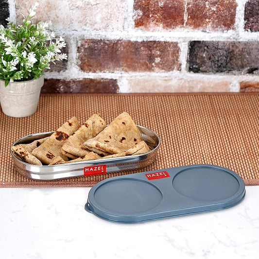 HAZEL Stainless Steel Oval Shape Container Roti box with Airtight Lid | Chapati Container for Tiffin Box & Kitchen | Chapati, Roti & Puri Dabba With Leak Proof Lid,