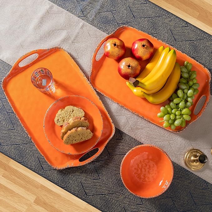 Melamine Serving Tray with Handles, 19“ x 12" Vintage Large Rectangular Melamine Serving Platter for Serving Food, Serving Tray Set of 2, Dishwasher Safe, Orange