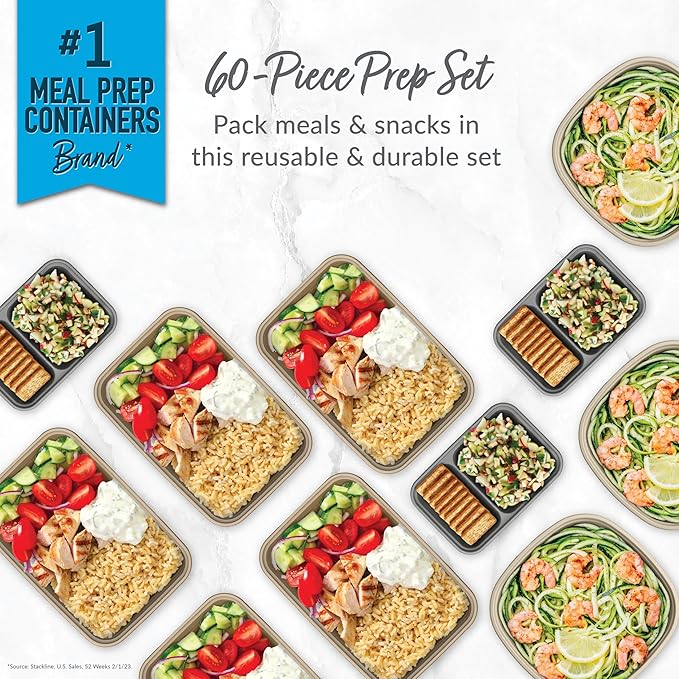 Bentgo Prep 60-Piece Variety Meal Prep Kit - Reusable Food Containers 1-Compartment Trays, Prep Bowls, & Snack Boxes for Healthy Eating - Microwave, Freezer, & Dishwasher Safe (Gleam Metallics)
