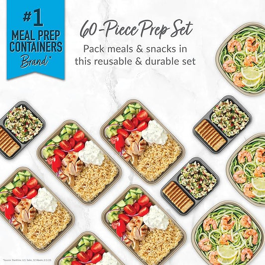 Bentgo Prep 60-Piece Variety Meal Prep Kit - Reusable Food Containers 1-Compartment Trays, Prep Bowls, & Snack Boxes for Healthy Eating - Microwave, Freezer, & Dishwasher Safe (Gleam Metallics)