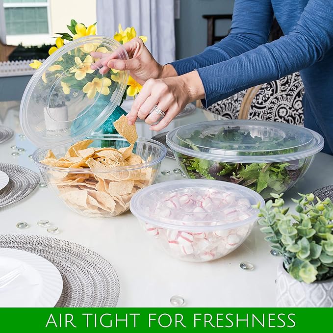 PLASTICPRO Disposable Combo Set of Salad Bowl With Lids Includes 4, 48 Ounce 4, 96 oz 4, 150 Ounce Round Crystal Clear Plastic Serving Bowl
