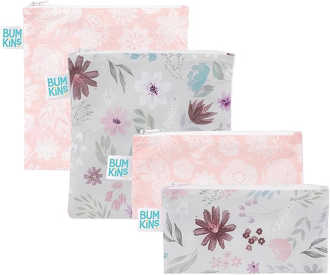 Bumkins Reusable Sandwich and Snack Bags, for Kids Lunch Bags and for Adults, Washable Fabric, Cloth Zip Bag, Dishwasher-Safe, Food-Safe, Safety Tested (4-Pack)