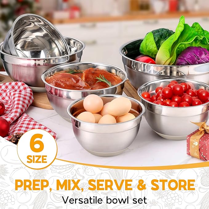 Mixing Bowls with Lids Set of 6 Large Metal Nesting Mixing Bowls Stainless Steel Non-Slip Salad Bowl Khaki – Size 1, 1.5, 2, 2.6, 3.5, 7QT