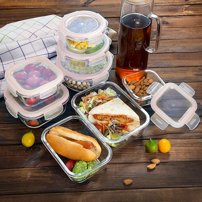 Bayco Glass Storage Containers with Lids, 9 Sets Glass Meal Prep Containers Airtight, Glass Food Storage Containers, Glass Containers for Food Storage with Lids - BPA-Free & Leak Proof(Pink)